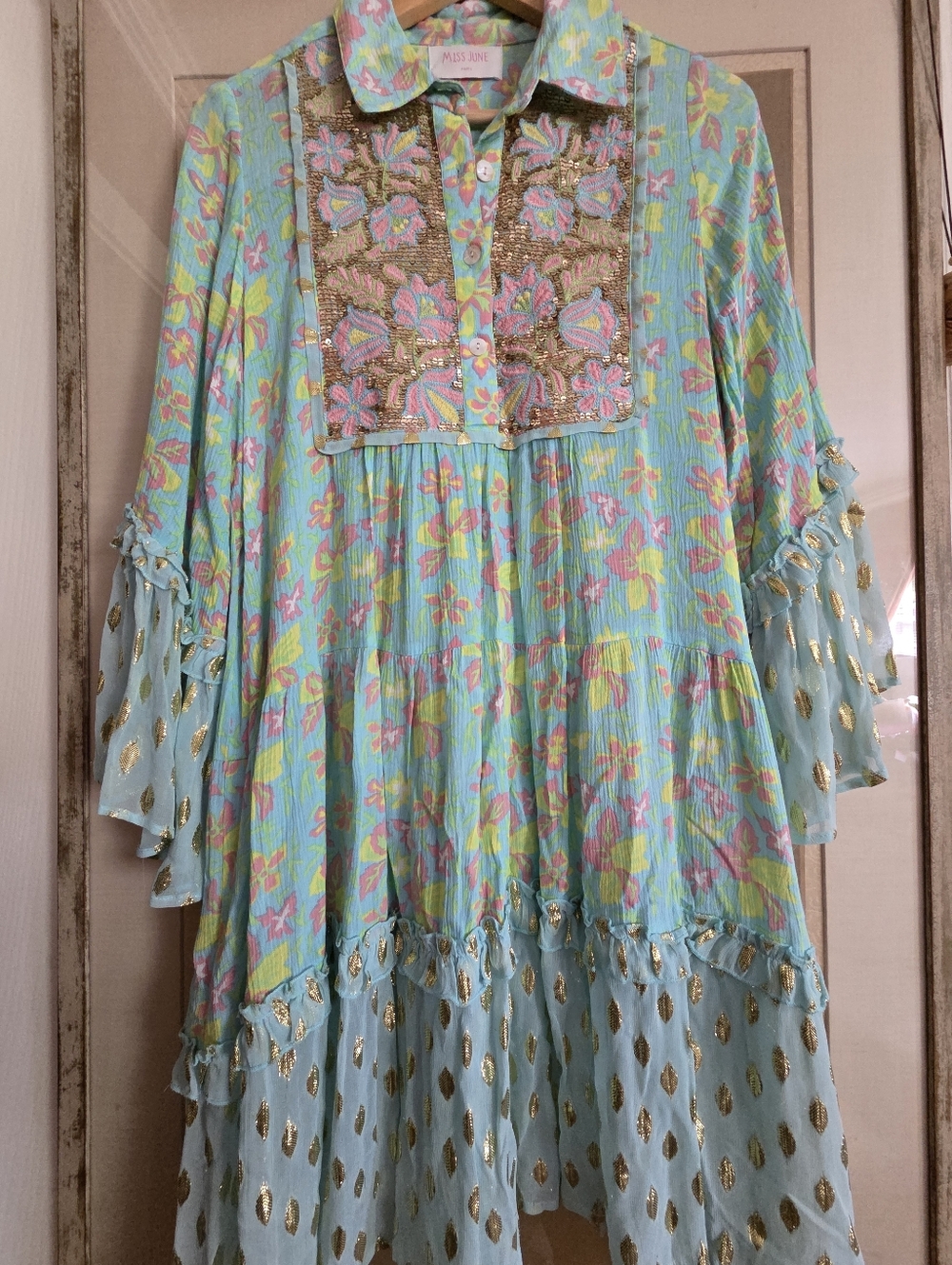Miss June Paris Pastel Floral Embroidered and Sequin Boho Tunic Dress M/L